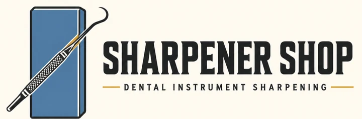 SharpenerShop logo: a steel blue sharpening stone with a curette resting across it, beside the words Sharpener Shop, Dental Instrument Sharpening
